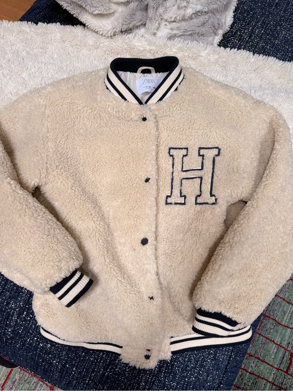 Zara Cream Sherpa Bomber with Navy Rib Trim